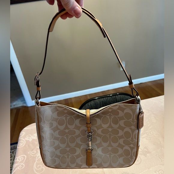 Coach Handbags - Coach Mini Shoulder Clip Bag, Light Brown, slightly used Signature Hampton #6091